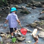 Nature reporter walking besidecreek